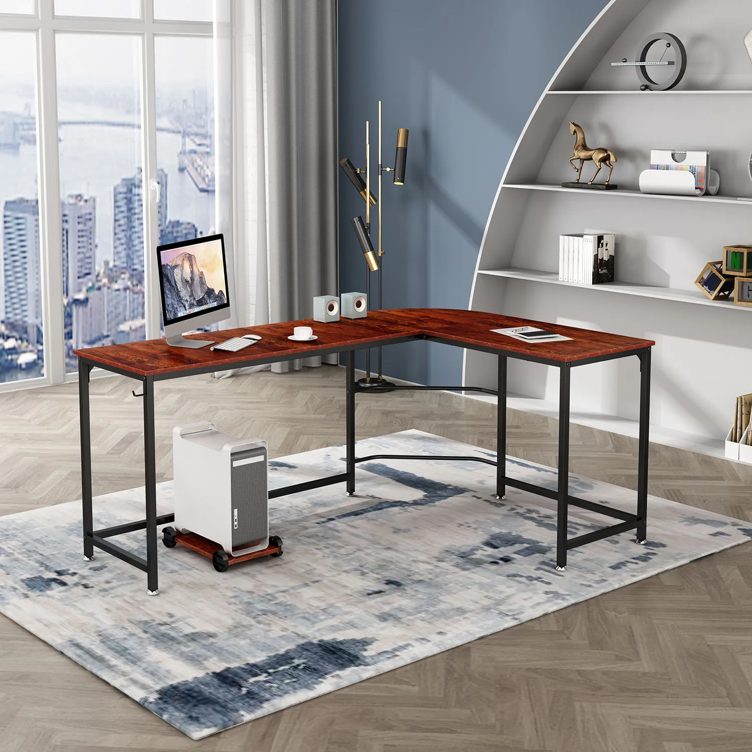 

L-Shaped Desk 66" Computer Corner Desk With CPU Stand For Home Space-Saving Easy to Assemble Sandalwood[US-W]