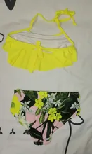 Bañador de 5 a 14 años para niña, traje de baño para niña con estampado de hojas, Bikini de chica adolescente, traje de baño con Top de cuello Halter para niña Falbala