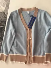 Cárdigan de punto para mujer, suéter de manga larga con cuello de pico de Color contrastante, cárdigan de moda, prendas de vestir