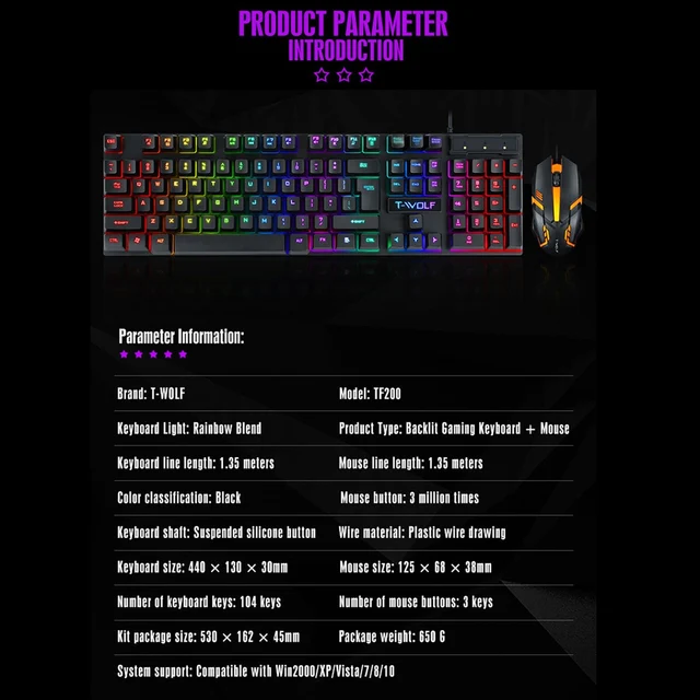 Pack Teclado + Ratón Gaming con Cable USB Gamer Retroiluminado 104 Teclas  Ergonómico LED Videojuegos Streaming - KTF2000 KLACK, Cable, Por cable