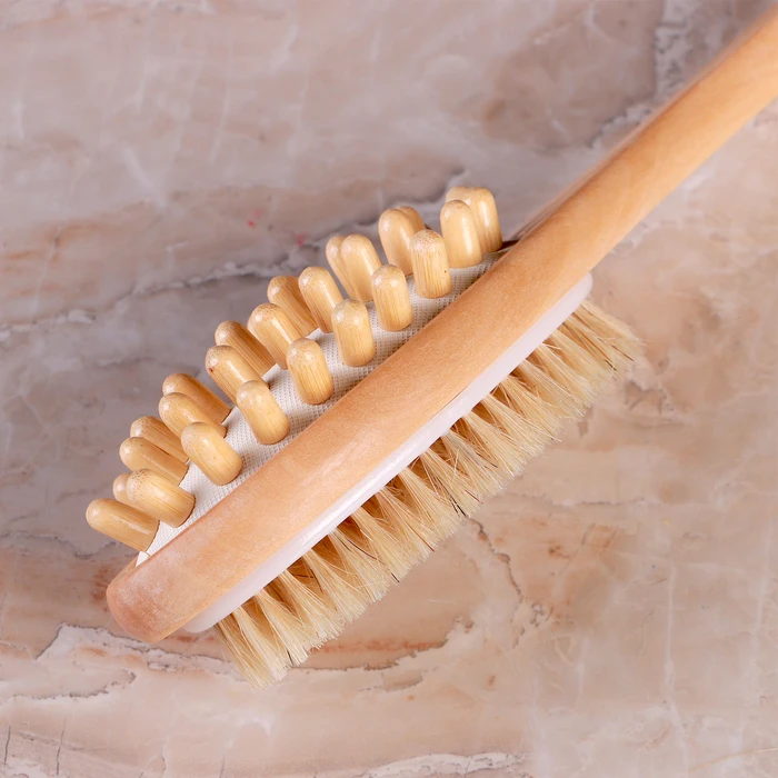 Natural brush, massage with handle, smooth, bath and sauna, cosmetics