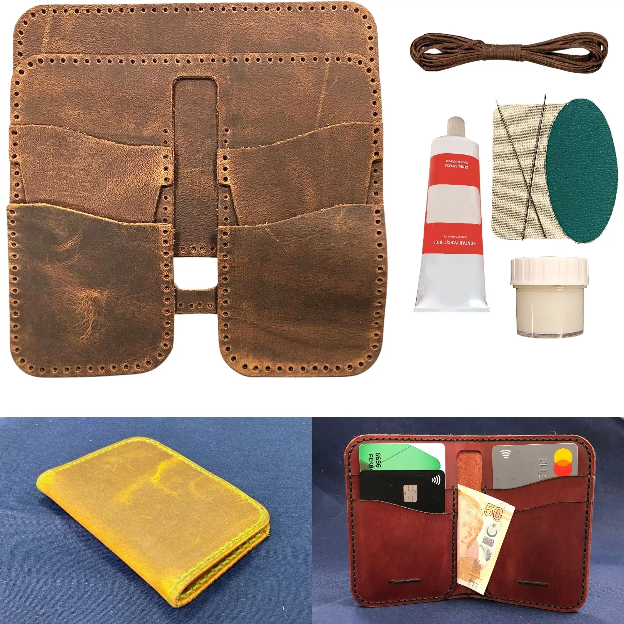 Ipekbazaar DIY Handmade Genuine Leather Vertical Wallet Making Kit Specially Cut Crazy Leather Pieces For Wallet & Card Holder