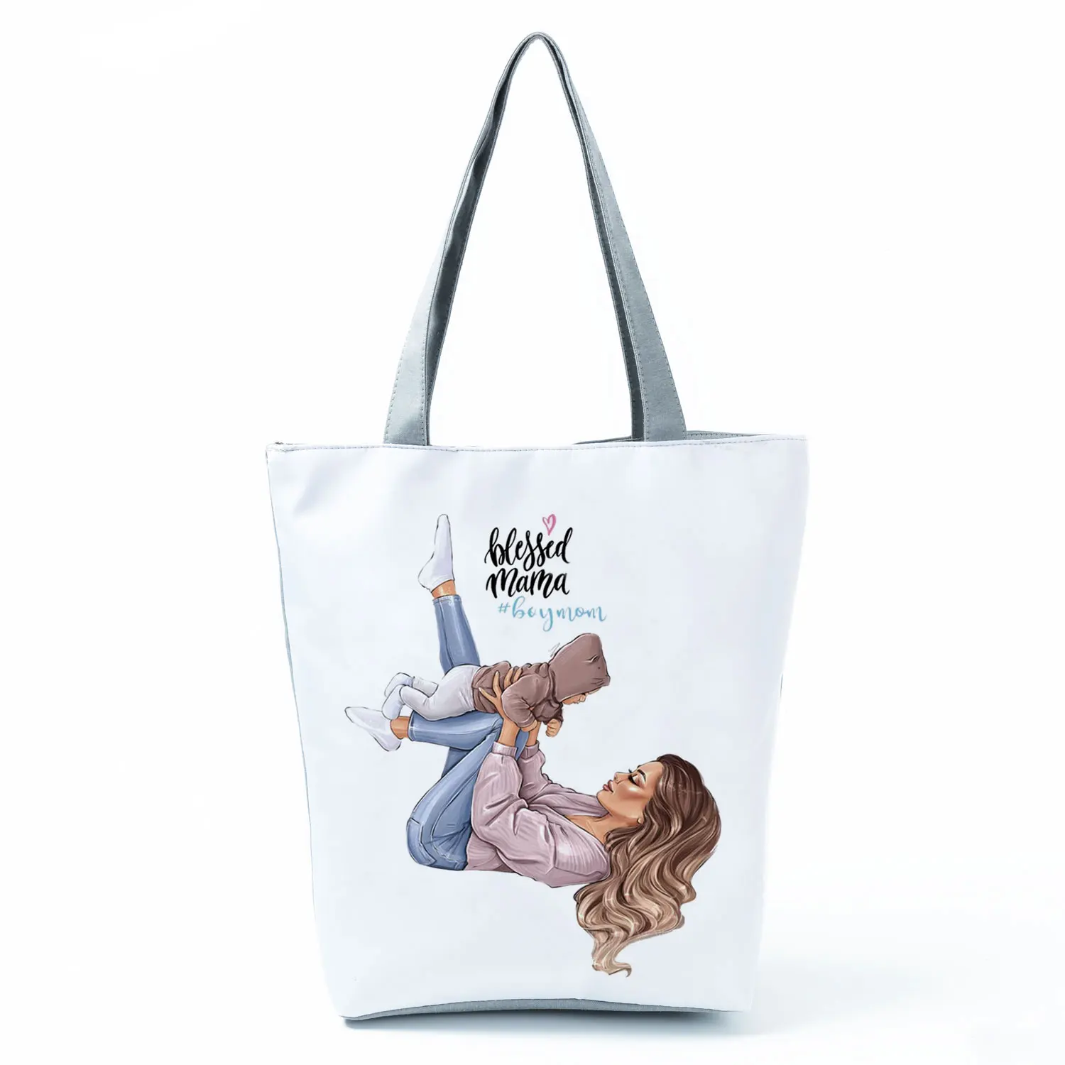 Cute Cartoon Super Mama Print Linen Tote Bag Reusable Shoulder Bags Mom And Baby Fold Women Casual Handbags Lady Fabric Totes 