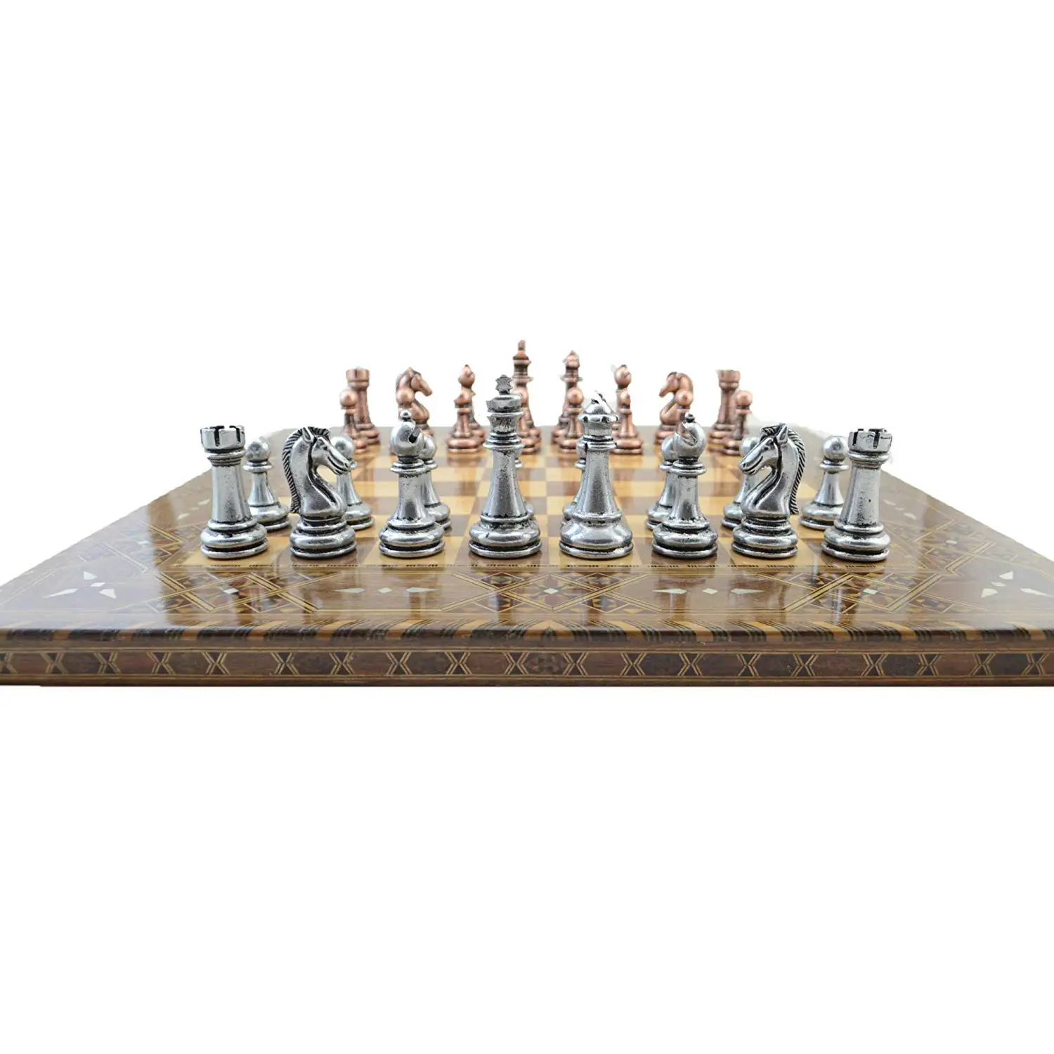US $204.90 Classic Antique Copper Chess SetHandmade PiecesNatural Solid Wooden Chess Board with Original Pearl Around Board King 7 cm
