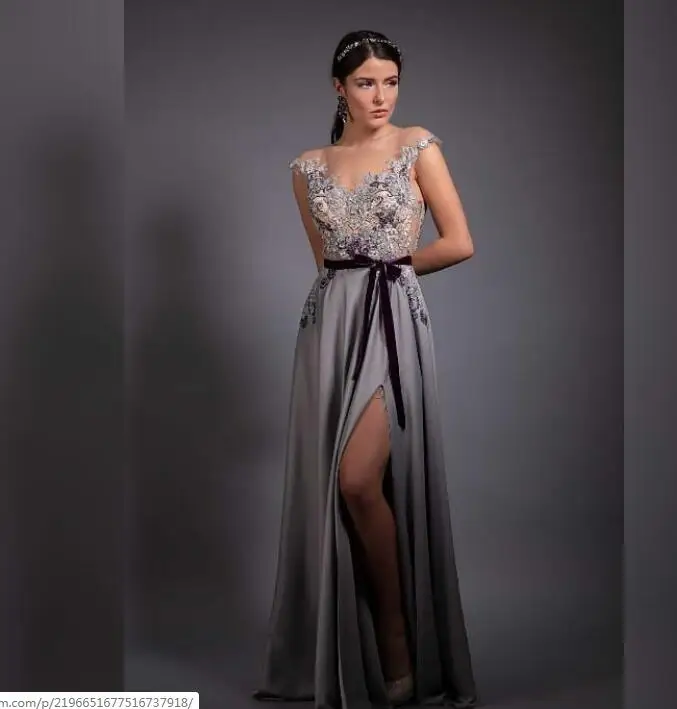 

Plus Size V Neck Lace and Satin Side Split Long Formal Evening Gown Cheap Evening Gown for Women Robe Soiree