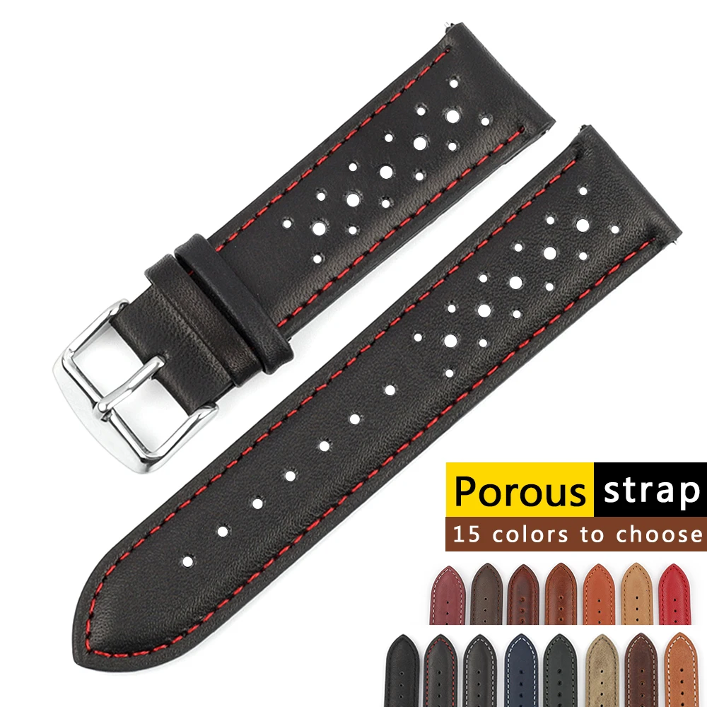 

Handmade Watch Strap 18mm 19mm 20mm 22mm Leather Strap Black Brown Blue Breathable Porous Watchbands # C
