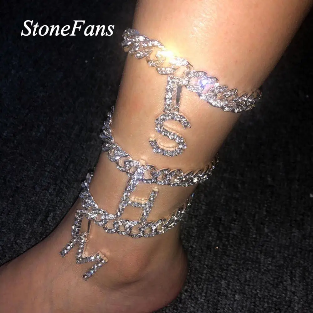 Stonefans Men Hip Hop Cuban Link Anklet Letter Pendant for Women Bling Iced Out Rhinestone Anklet Barefoot Sandals Jewelry Stonefans Men Hip Hop Cuban Link Anklet Letter Pendant for Women Bling Iced Out Rhinestone Anklet Barefoot Sandals Jewelry