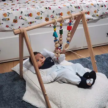 

Wooden Baby Playmats Floor Gyms with Hanging Wooden or Macrame Toys, INGODI Wooden Baby Play Gym Foldable Baby Play Activity Gym