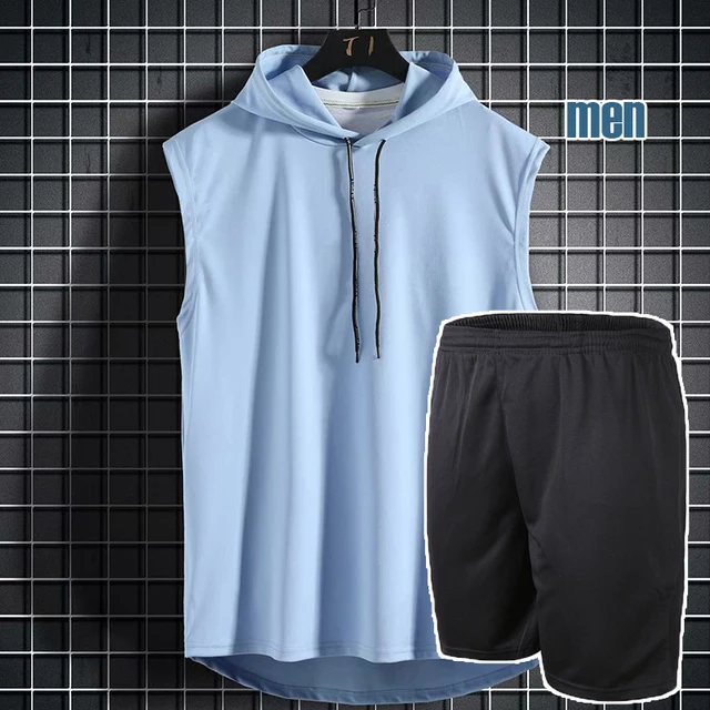 2022 New Fashion Clothing Bodybuilding Muscle Guys Fitness Men Women Hooded Tank Top Vest Sportswear Sleeveless Shirt Hoodie 2-piece set