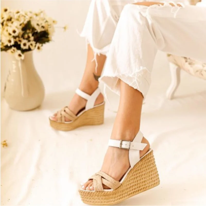 

Margo White Cross Straw-Banded Linen High Heels Sandals For Women Ergonomic Mold Open Toe Beach Shoes Summer 2021