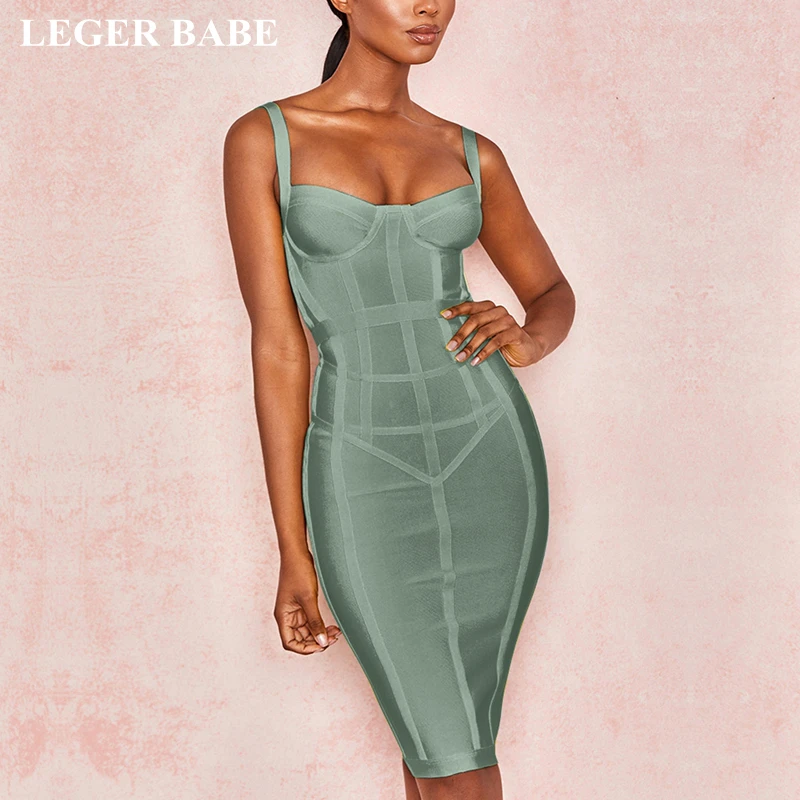 

LEGER BABE Autumn New Women Vestidos Spaghetti Strap Solid Bandage Dress Knee Length Sleeveless Celebrity Party Dress