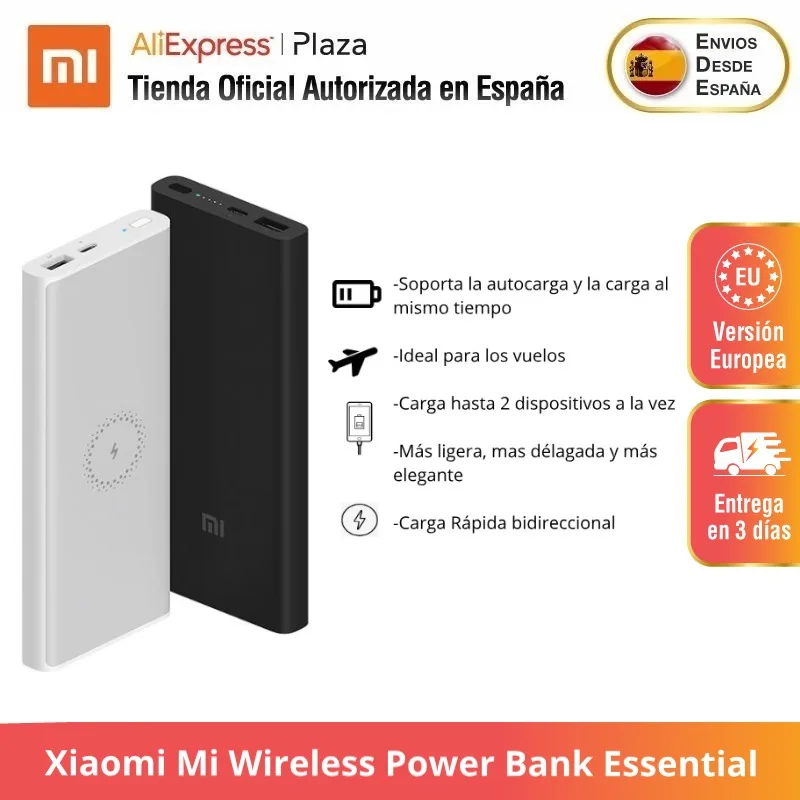 Original Xiaomi Bateria Portatil Esencial Mi Wireless Power Bank Essential 10000mAH Tipo C USB Cargador Inalámbrico Rápido Banco de Carga Portátil