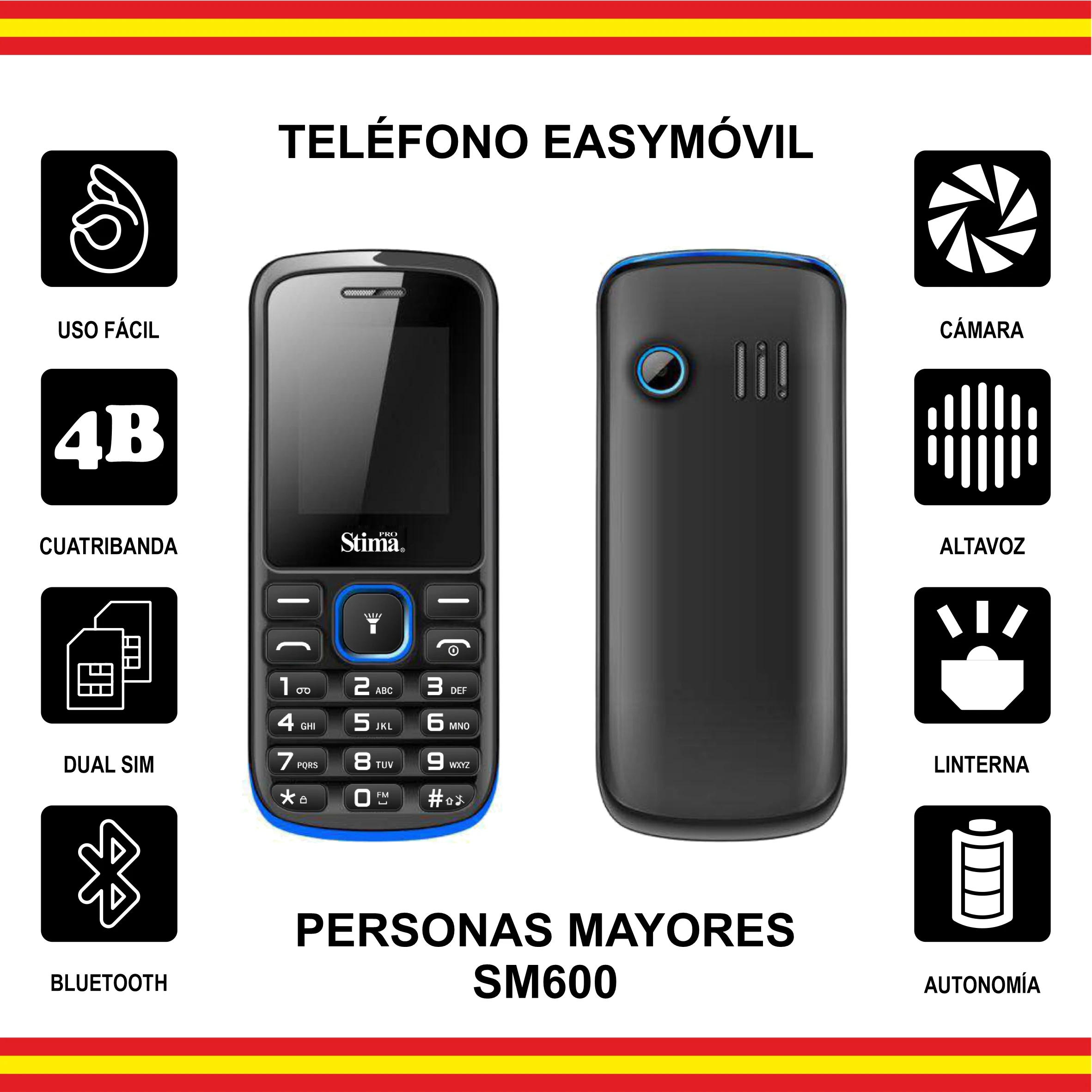 Teléfono Móvil SM600 Uso Fácil Personas Mayores Dual SIM, Cámara, Bluetooth, Altavoz Manos Libres, Linterna, FM