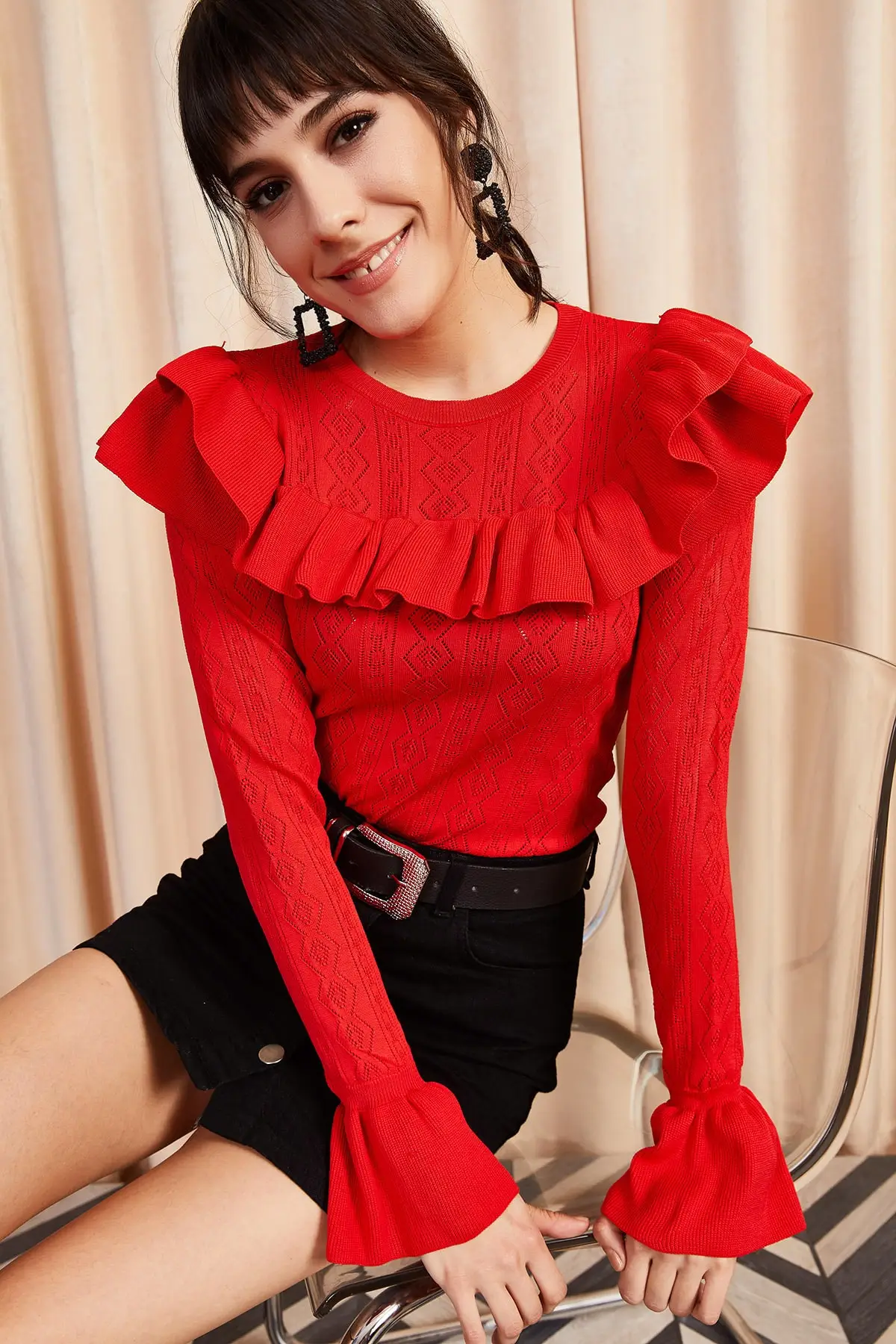 Женский красный воротник и манжеты Весенняя трикотажная одежда Bluz BLZ-19000885 |