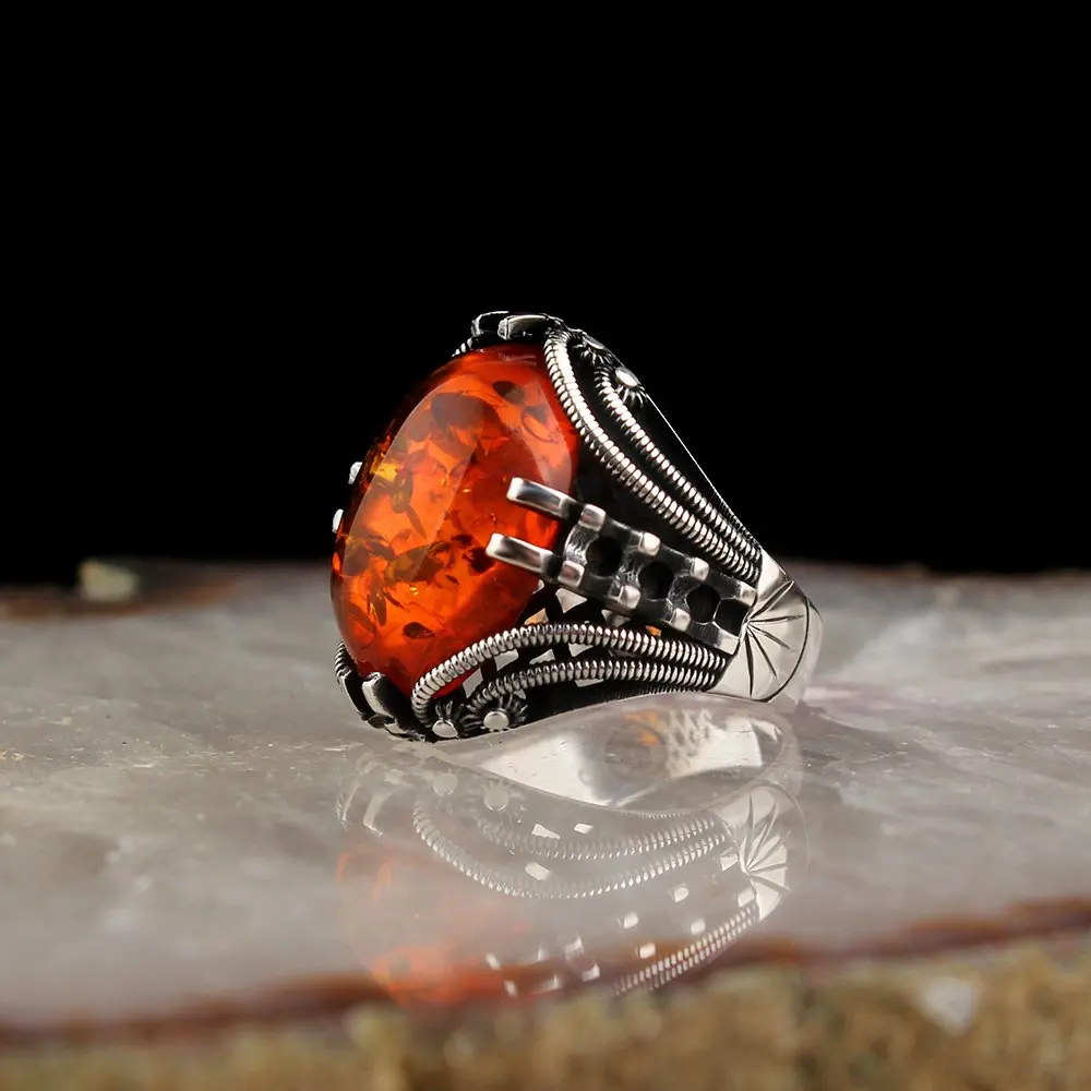 MEN 'S 925 Sterling Silver Ring, Amber Gemstone, Male Gift Accessories, Jewelry, Fashion, Trend, high Quality, Made in Turkey, Special Design