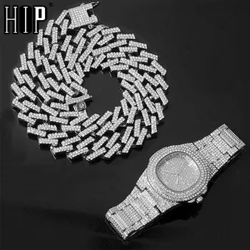 

Watch +Chain+Bracelet Hip Hop Bling Iced Out Crystal 15MM Cuban Paved Rhinestone Miami Zircon Men's Necklaces For Men Jewelry