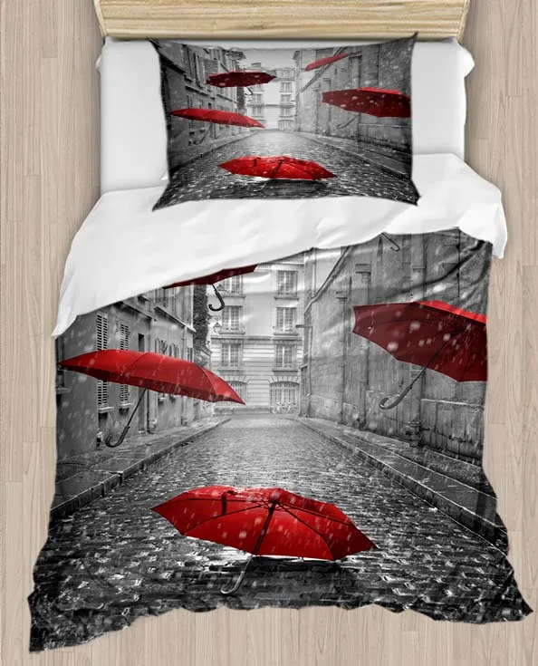 ^*Best Offers Else Gray Vintage Street on Red Umbrellas 4 Piece 3D Print Cotton Satin Single Duvet Cover Bedding Set Pillow Case Bed Sheet ^*Best Offers Else Gray Vintage Street on Red Umbrellas 4 Piece 3D Print Cotton Satin Single Duvet Cover Bedding Set Pillow Case Bed Sheet