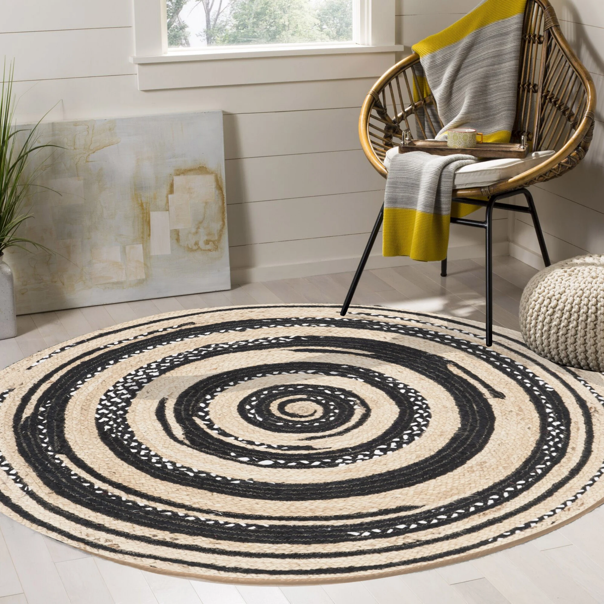 

Else Black Grey Circle Lines Sisal Handmade Flatweave Natural Jute Carpet Round Floor Mat Living Room Bedroom Sisal Area Rug