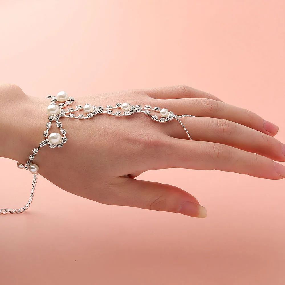 Women's Bracelet Set Ring Fashion Indian Style Leaf Pearl Hand Harness Bangle Chain Finger Accessories Women Jewelry | Украшения и