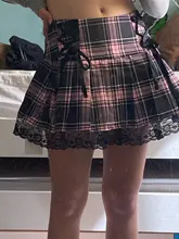 Sweetown-faldas góticas con cordones para mujer, Falda plisada de encaje a cuadros, estilo Punk oscuro, ropa de estética para chica, Y2K, Raya Rosa