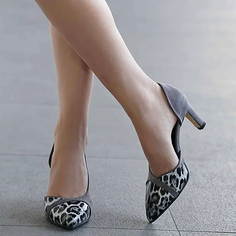 Mio Gusto Brand FRANCES, 6Cm Short Heel, Gray and Black Colors, Leopard Patterned Suede, high Quality, Women's Stiletto Pumps.