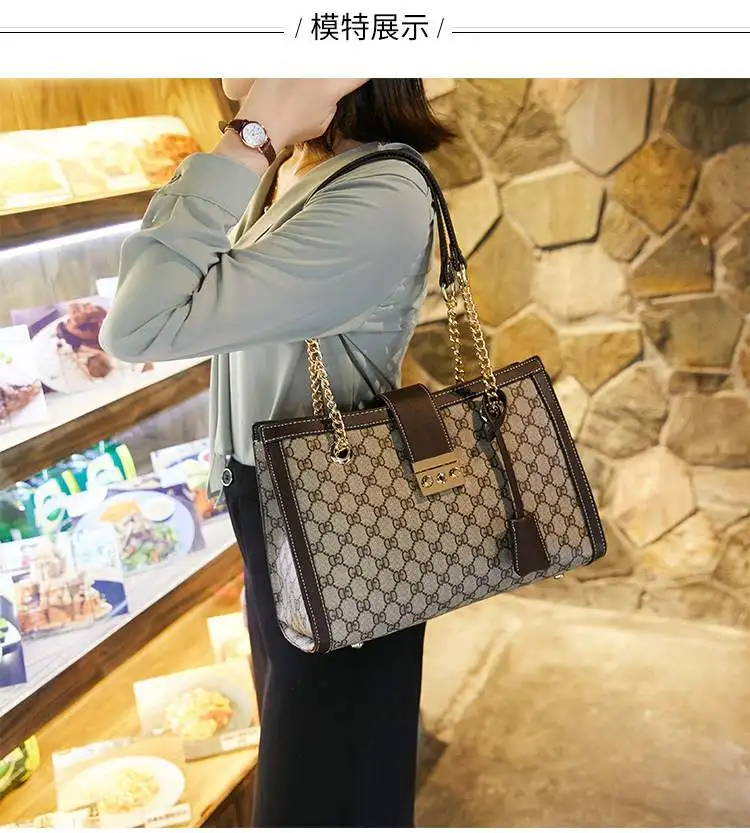 Новая сумка-тоут Большая вместительная сумка с замком кожаная и парусиновая сумка на одно плечо женская сумка на цепочке Модная брендовая дизайнерская женская сумка