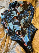 Bañador estampado de flores para mujer, una pieza, monokini, manga larga, traje de baño para surfear