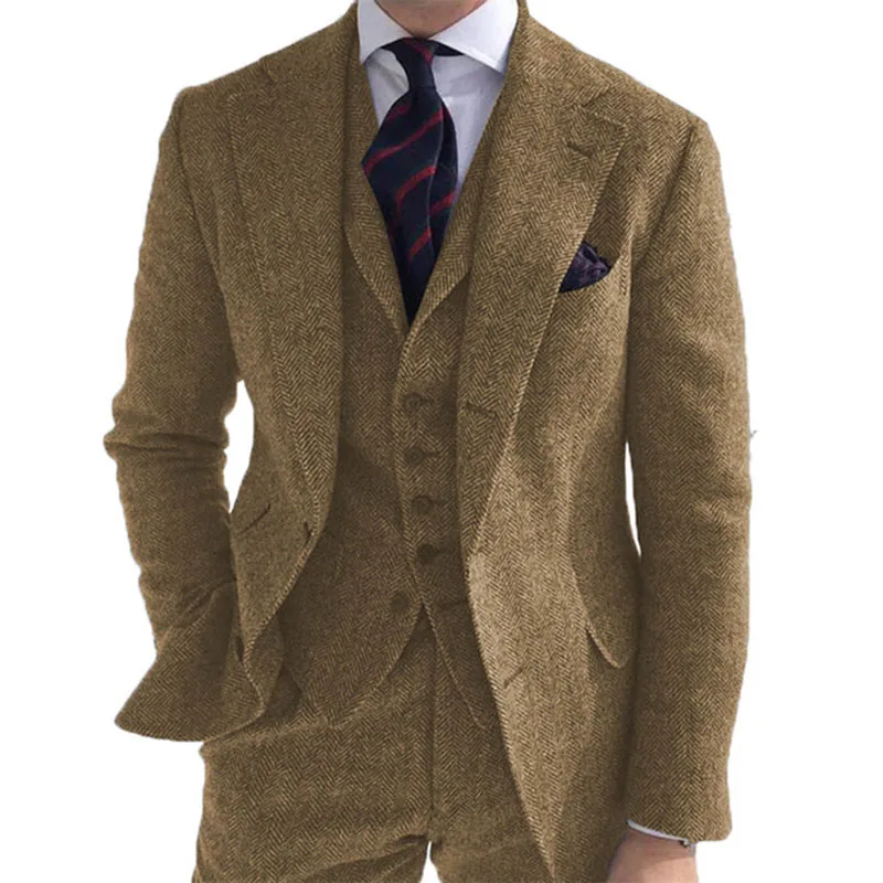 Abito Uomo 2 Pezzi In Tweed A Spina Di Pesce, Giacca Doppiopetto E Pantaloni, Taglio Slim, Per Matrimoni E Cerimonie