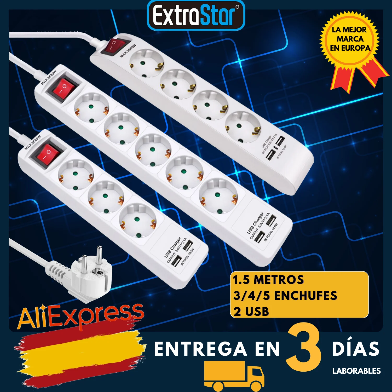 ExtraStar® Regleta Enchufes de con 3/4/5 enchufes y 2 puertos USB，Enchufe  USB Multiple con Interruptor y Proteccion contra Sobretension，Cable de 1,5  m, Adecuado para la Familia y Oficina, Blan