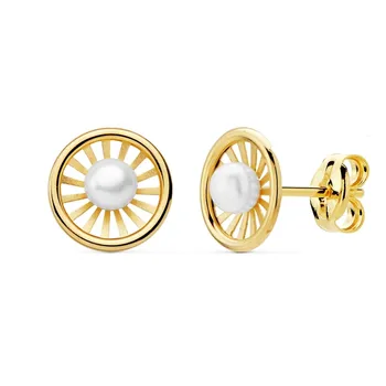 

18k gold earrings Girl 8mm. Round pearl center 3mm. Bands smooth openwork close pressure