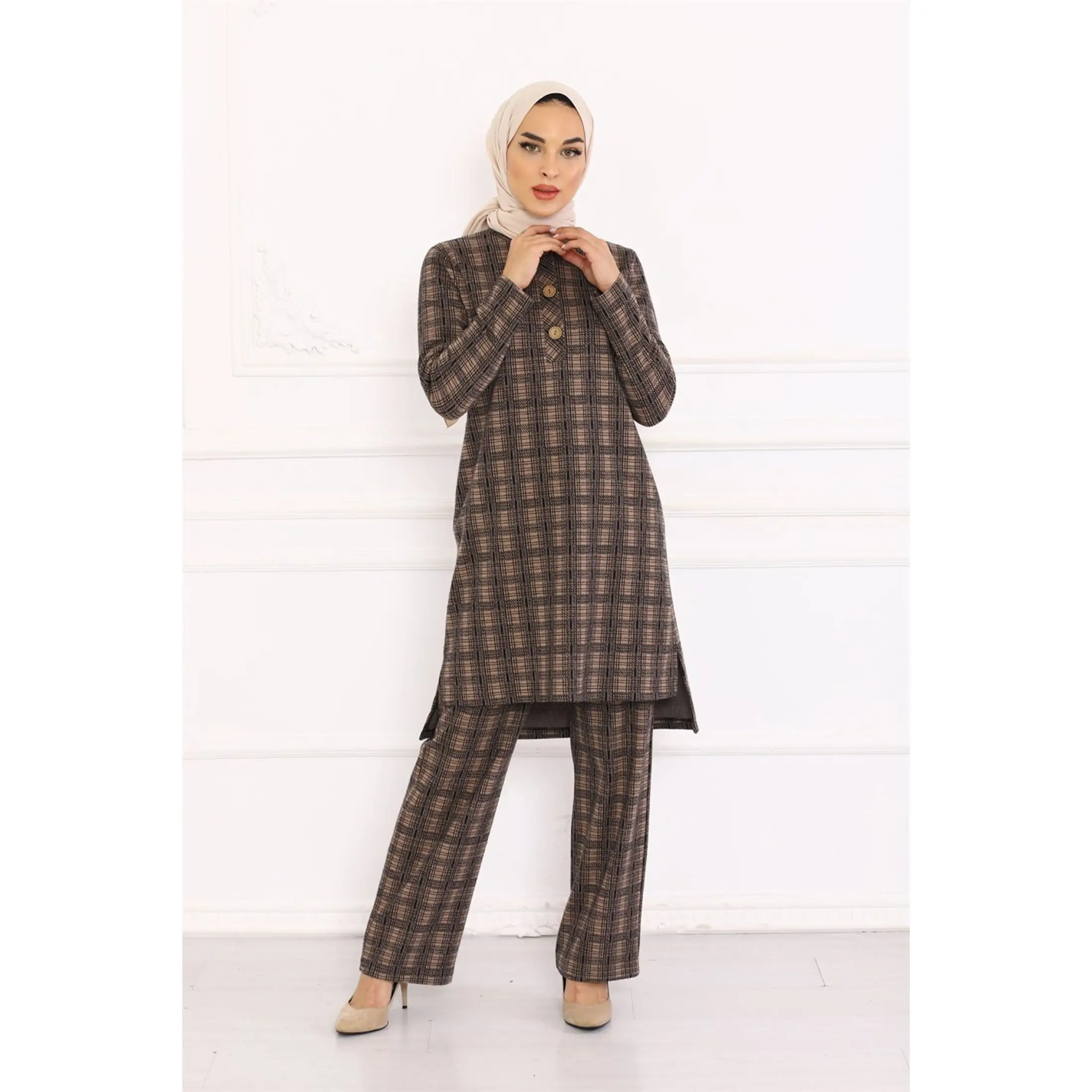 2 Pieces Women's Knitwear Square Pattern Top and Pants Double Flexible Suit Muslim Set Turkey Dubai 2021 Fashion Clothing |