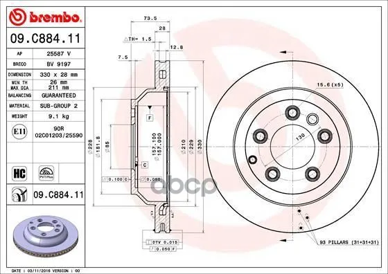 Диск Тормозной Задний Audi: Q7 06-, Porsche: Cayenne 02-, Vw: Touareg 02-10 Brembo арт. 09.C884.11