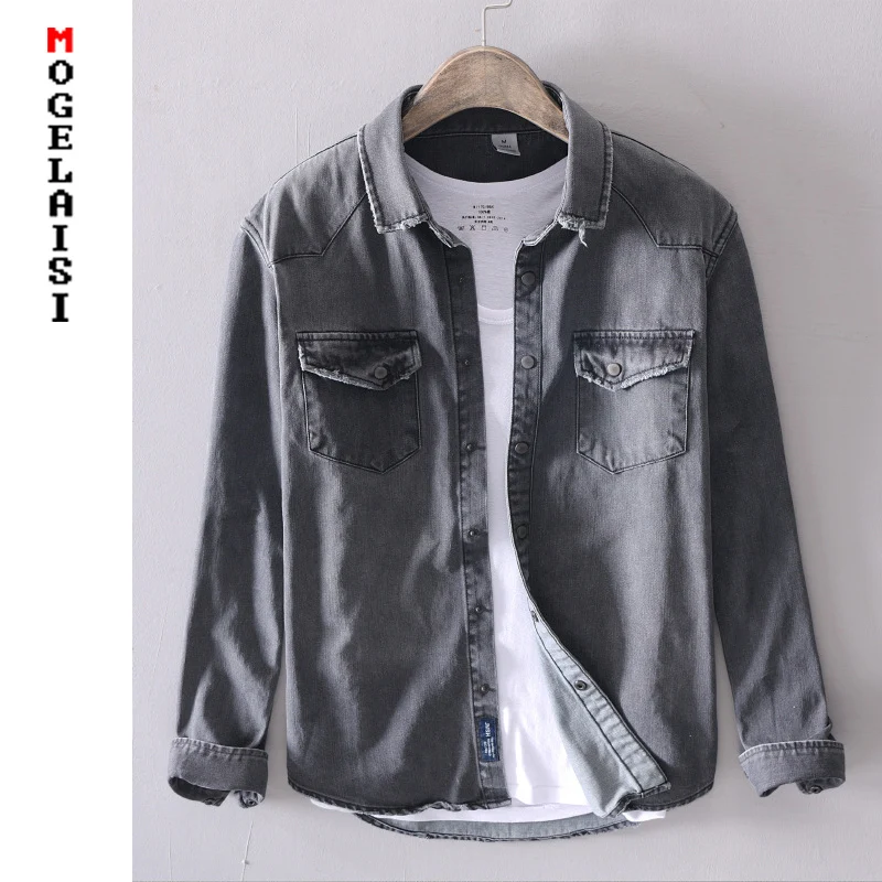New men casual Denim shirt slim cotton long sleeve spring solid soft tops man High quality gray Denim shirt chemise homme 377 New men casual Denim shirt slim cotton long sleeve spring solid soft tops man High quality gray Denim shirt chemise homme 377