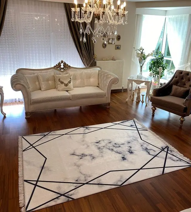 

Marble Pattern Living Room Rug Washable Non-Slip Outsole Stain resistant Foal Feather Fabric Black White Colors