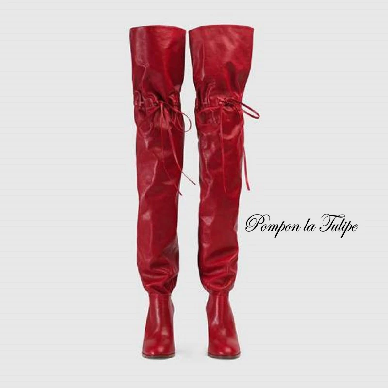 

Luxury Design Microfiber Leather 8CM High Heel Short Plush Insole Cross Tied Fashion Women Over The Knee Boots Mujer Chic Shoes