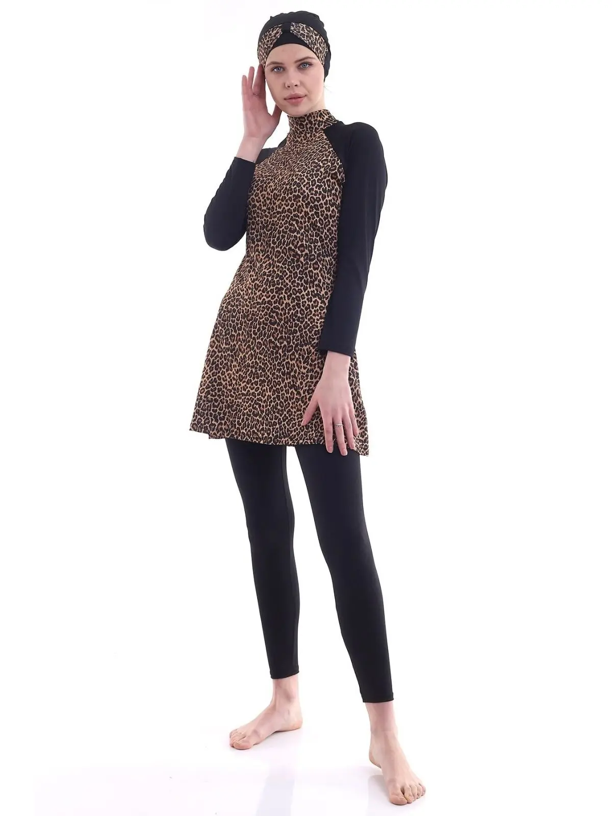 Long Sleeve Patterned Fully Covered Swimsuit Women Swimwear Hashem Unlined Muslim Hijab Stand Collar Summer Sea Swimming