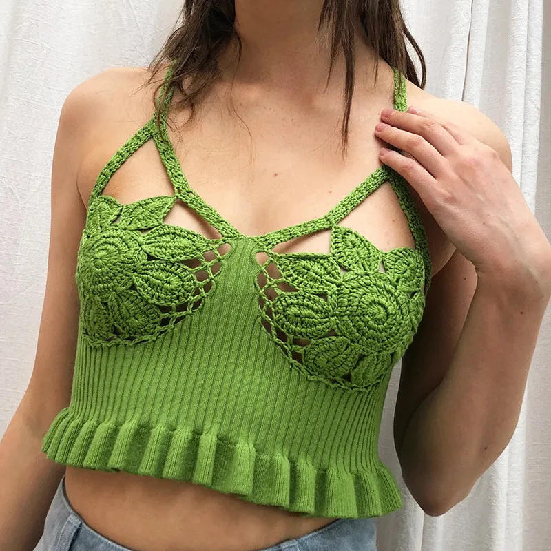 Кроше Camisole Cami укороченный Топ для женщин сексуальная открытая спина Холтер полые вязальные майки, топы женские уличная Летняя Пляжная верхняя одежда