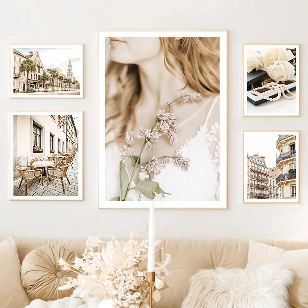 

Fashion Girl Rose Flower City Street Tram Wall Art Canvas Painting Nordic Posters And Prints Wall Pictures For Living Room Decor