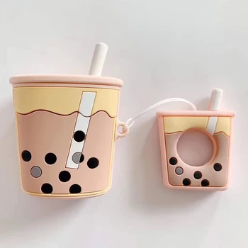 

For AirPods 2 Case Cartoon Cute Soft Milk Bubble Tea Drink Bottle Earphone Protect Cover For Airpods 2 1 with Finger Ring Strap