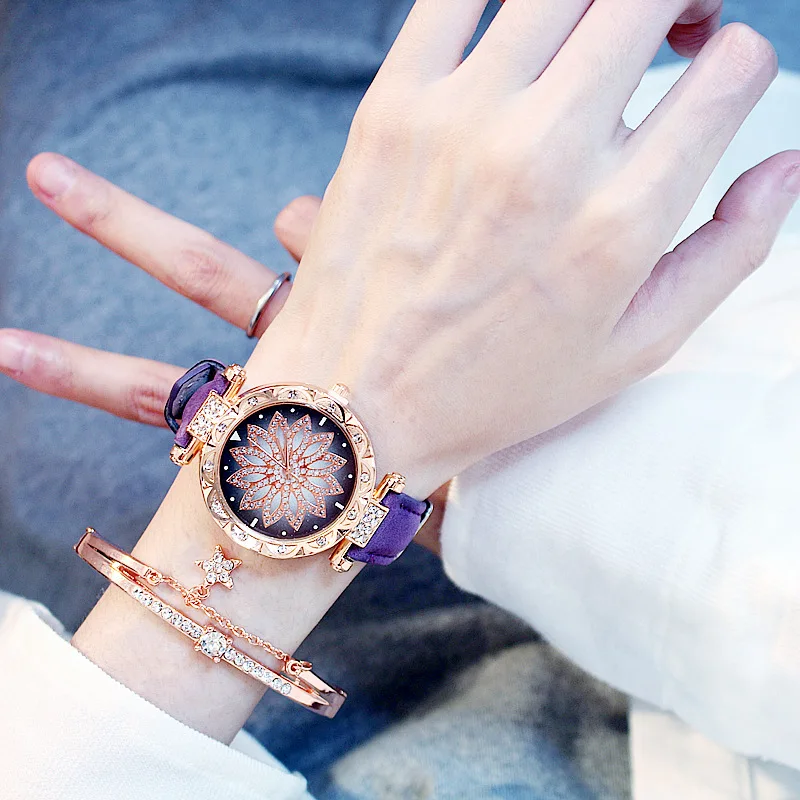 Мода Женские повседневные кварцевые часы с кожаным ремешком аналоговые наручные часы подарок на день Святого Валентина Кристалл reloj mujer Montre Femme часы - Цвет: purple