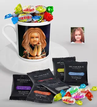 

Personalized Female Child Caricature Of Turkish Coffee Cup Selamlique Mixed Turkish Coffee house And Haribo Candy Gift Seti-10