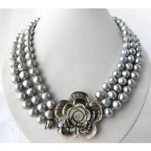 

New Arrival Genuine Pearl Necklace 3rows 9-11mm Gray Real Freshwate Pearls Fashion Jewelry Shell Flower Clasp Charming Lady Gift