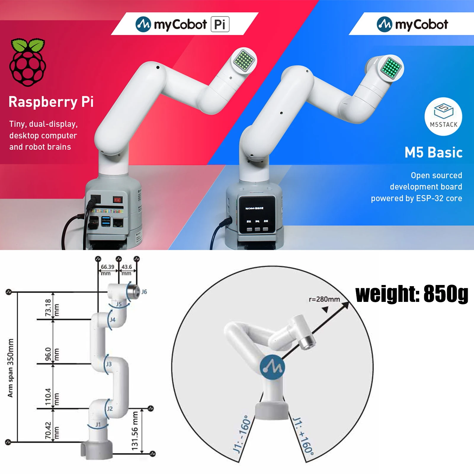 Robotics Elephant myrobot 280-Pi 6-DOF Robot collaborativo multifunzionale con braccio robotico leggero (versione Raspberry Pi)