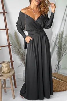 ENTREGA EN 15 DIAS Vestido largo con manga de murciélago y cuello en V negro Item NO.: LC616128-2 For women