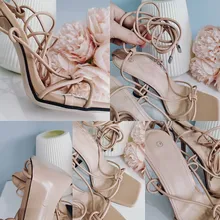 Aneikeh de verano zapatos de mujer Sandalias, de la Pu de moda Cruz-atado tacones de encaje fiesta bombas tamaño 35- 42 albaricoque blanco negro