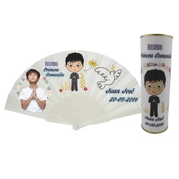 

Sell You batch/personalized fan made from plastic rods with photo communion child and pigeon with personalized tin