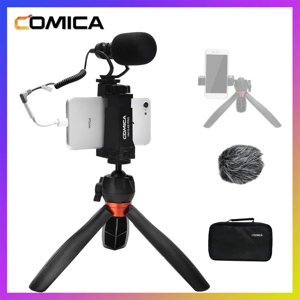 comica-cvm-vm10-k2-pro-smartphone-terno-de-video-com-shotgun-mic-para-iphone-telefones-android-tripe-vlog-kit-para-youtube-registro-ao-vivo