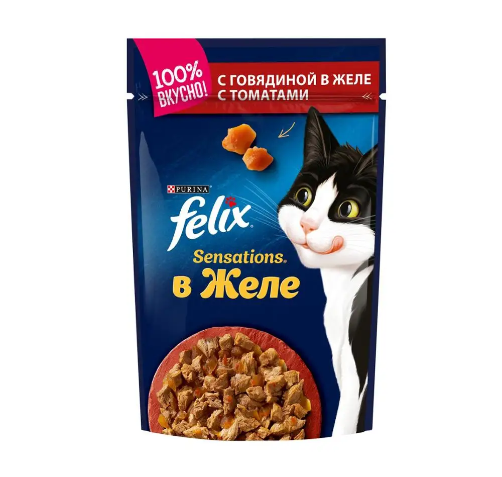 Корм влажный Felix Sensations в желе с говядиной и томатами для кошек ...