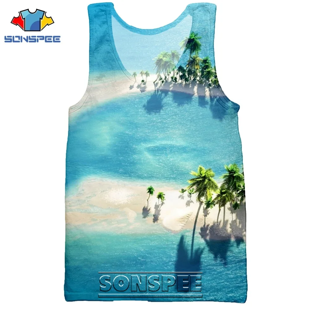 SONSPEE 3D Print Palm Tree Summer Beach Sea Men's Tank Tops Casual Fitness Bodybuilding Gym Muscle Men Sleeveless Vest Shirt