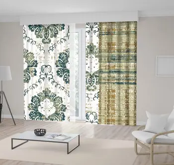 

Curtain Vintage Damask Checked Pattern Antique Aged Look Decorating Artwork Beige Green White